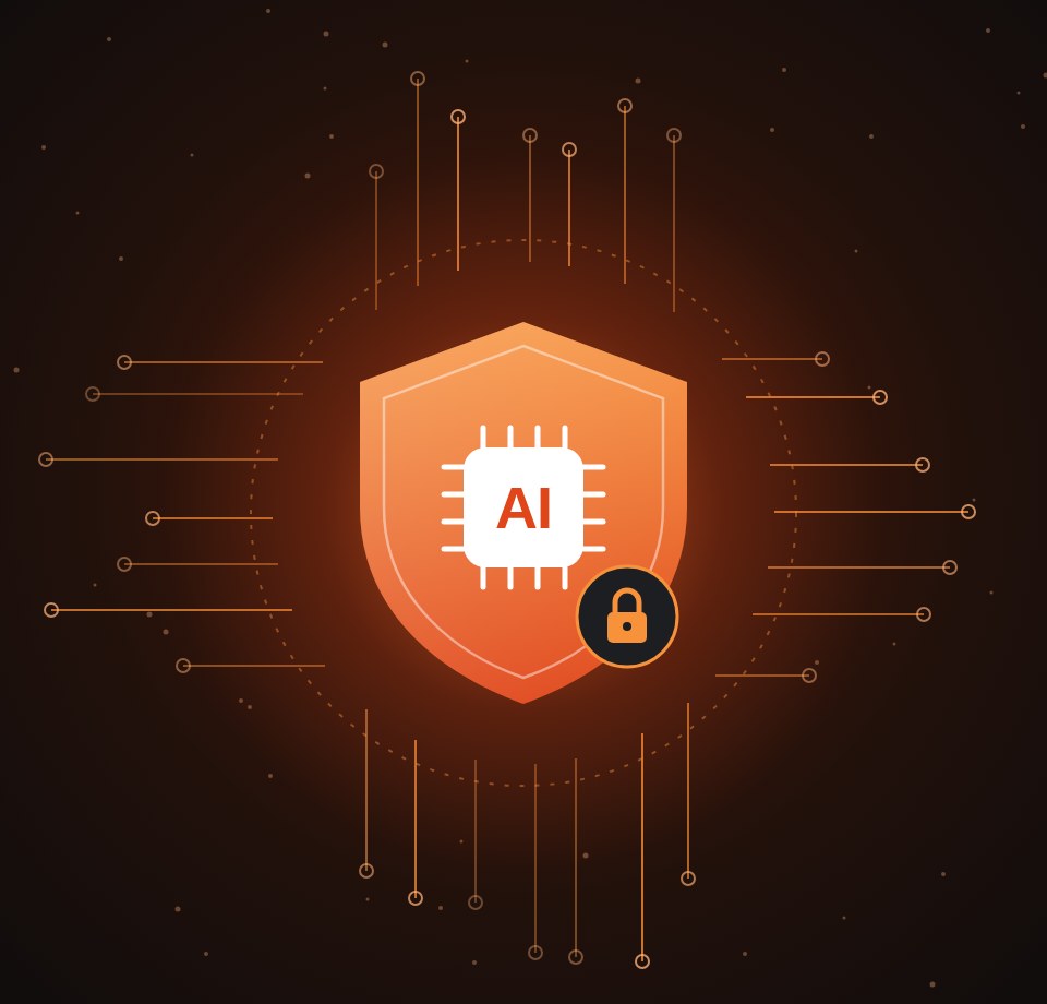 Illustration of an AI chip protected by a security shield
