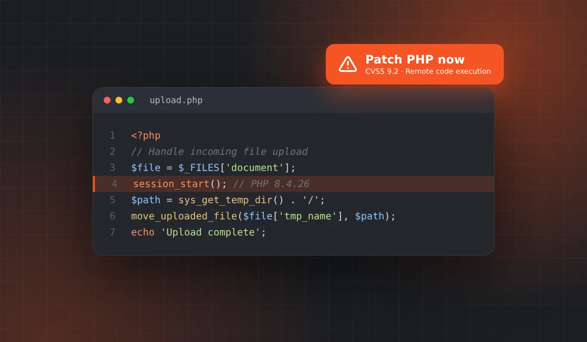 PHP code with a warning to patch the critical php2shell vulnerability
