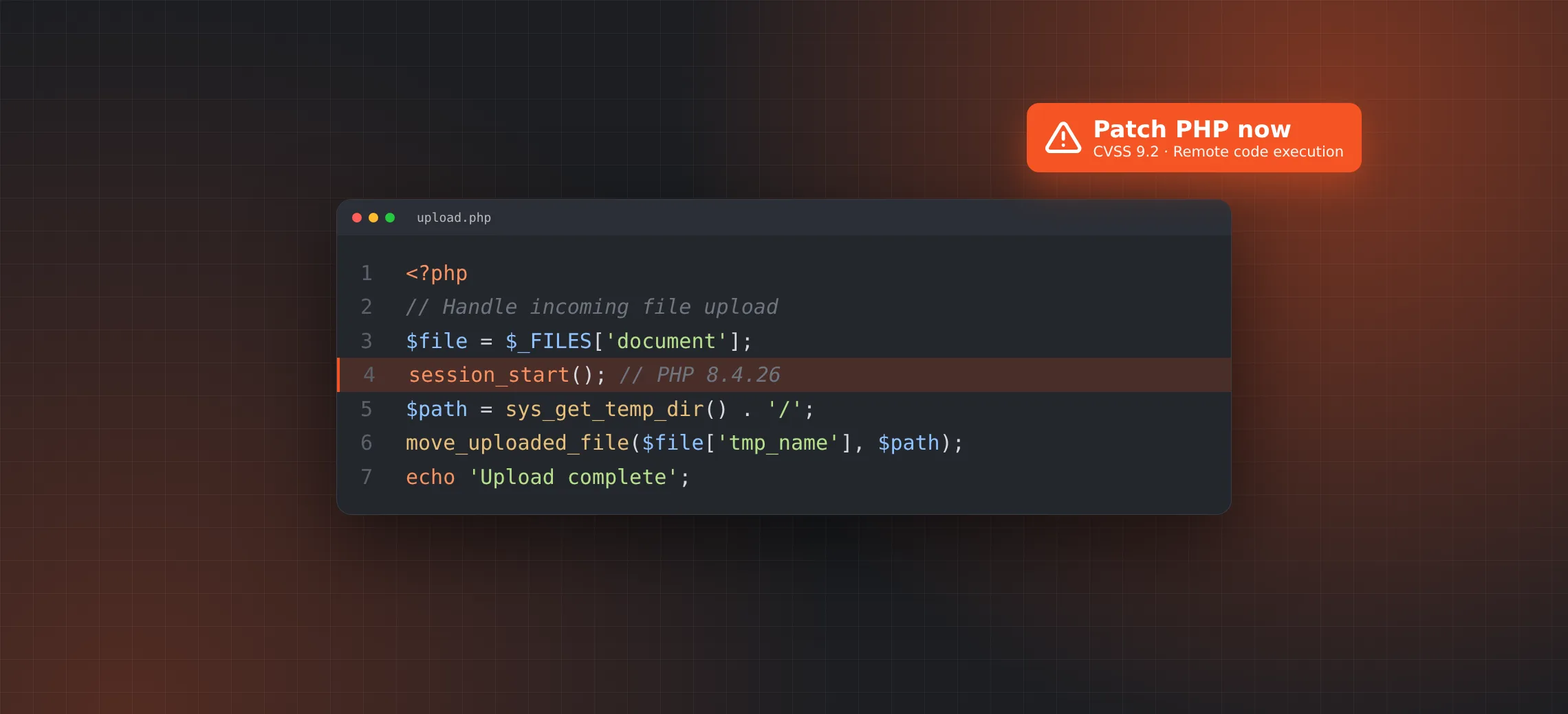 PHP code with a warning to patch the critical php2shell vulnerability