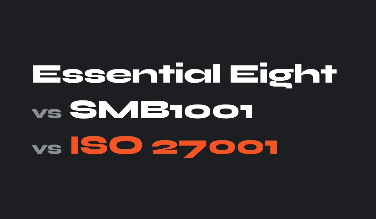 Essential Eight vs SMB1001 vs ISO 27001 guide graphic showing where the three standards overlap